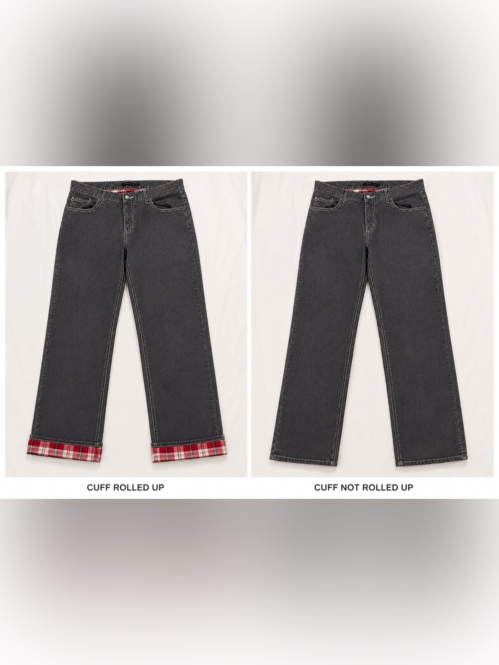Prana Lined Boyfriend Jeans Size 12 Charcoal Gray Red Plaid Flannel Cuff Roll Up
